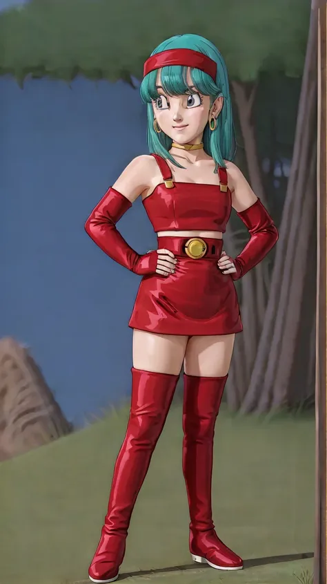 Photo,<lora:Bulla:0.7>,Bulla,1girl,solo,red headband,red dress,exciting,gorgeous,striking,tree,grass,outside,hand on hip,