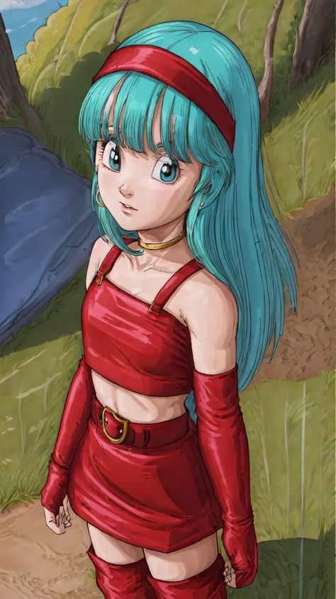 Photo,<lora:Bulla:0.7>,Bulla,1girl,solo,red headband,red dress,exciting,gorgeous,striking,tree,grass,outside,hand on hip,