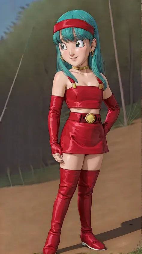 Photo,<lora:Bulla:0.7>,Bulla,1girl,solo,red headband,red dress,exciting,gorgeous,striking,tree,grass,outside,hand on hip,