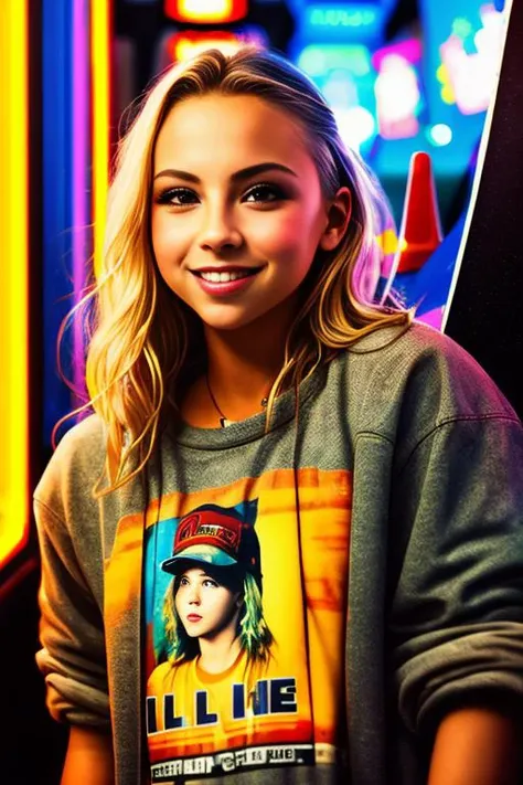 ((wide angle)) ((movie poster)), ((wearing casual grunge clothes)) ((at an arcade)), ((looking at camera)), big smile, JordynJones <lora:JordynJones:0.6>, Detailed, Detailed pretty face, Sharp Focus, (Detailed and intricate), Leica 35mm F2.8, Fuji Superia Reala 100