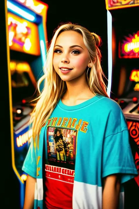 ((wide angle)) ((movie poster)), ((wearing casual grunge clothes)) ((at an arcade)), ((looking at camera)), big smile, JordynJones <lora:JordynJones:0.9>, Detailed, Detailed pretty face, Sharp Focus, (Detailed and intricate), Leica 35mm F2.8, Fuji Superia Reala 100