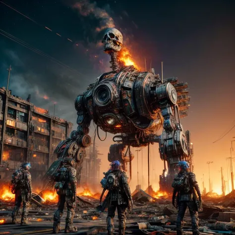 TrashPunkStyle, <lora:TrashPunkStyle:0.5>,sky, giant trashpunk robot with robotic skull head destroying fire,scorched buildings,ashes in the air,epic fire scene,building,star (sky),scenery,science fiction,6+boys,city,giant,spacecraft,cyberpunk,6+others,night,epic lights,cation scene,
<lora:add_detail:0.8> <lora:more_details:0.8> <lora:colorfix:0.8>