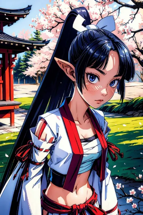 thick outlines, comics, photorealistic, perfect hands, masterpiece:1.2, 1girl, solo, standing, <lora:LadySamurai:0.7>, LadSam, long hair, ponytail, pointy ears, eyes, chest bandages, sarashi, detached sleeves, hakama pants, midriff, ribbon-trimmed sleeves,  open vest, japanese temple, cherry trees, detailed face, detailed eyes, <lora:add_detail:0.7>