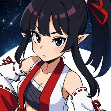 LadSam,long black  hair,ponytail,pointy ears,black eyes,navel, bangs,  solo,  upper body, close up
LadATT,sarashi, detached sleeves ,red  hakama ,midriff, tabi, sandals, ribbon-trimmed sleeves, white open vest, chest bandages,
outer space, open dojo, stars, milky way,
(insanely detailed, beautiful detailed face, masterpiece, best quality)     <lora:LadySamurai:0.7>