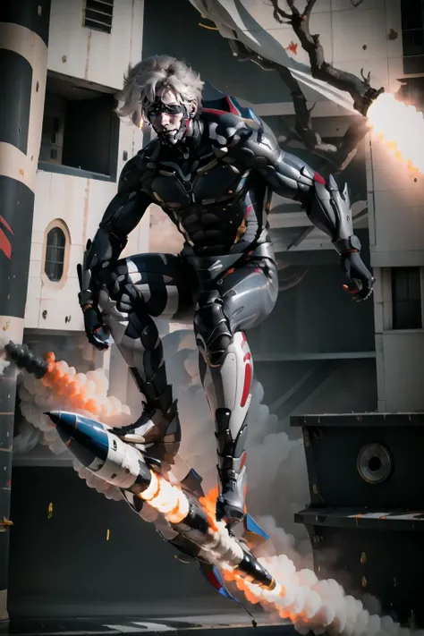 Highly detailed, High Quality, Masterpiece, beautiful, 1boy, solo, missile_surfing, <lora:Pos_MissileSurfing:1>, raidenmgr, <lora:Char_MGR_Raiden:0.9>, (one eye covered:1.3)