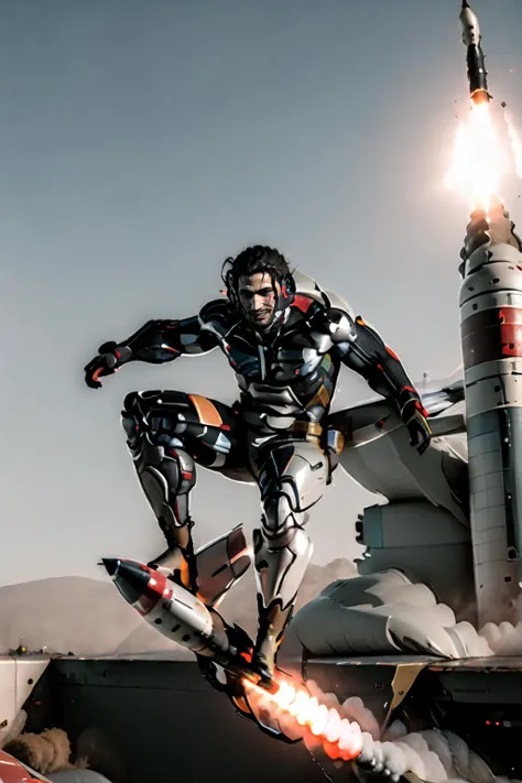 Highly detailed, High Quality, Masterpiece, beautiful, 1boy, solo, missile_surfing, <lora:Pos_MissileSurfing:1>, Jetstream Sam, facial hair, male focus, beard, cyborg, <lora:Char_MGR_JetstreamSam:0.9>, smile