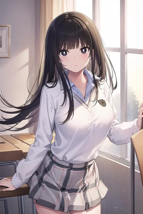 minamishirahama, <lora:minami shirahama manga-lora-nochekaiser:1>,
minami shirahama, long hair, bangs, blunt bangs, (black eyes:1.5), (bright pupils:1.5),
BREAK skirt, plaid, plaid skirt, sweater, long sleeves, shirt, white shirt, collared shirt, (white sweater:1.5),
BREAK indoors, classroom,
BREAK looking at viewer, (cowboy shot:1.5),
BREAK <lyco:GoodHands-beta2:1>, (masterpiece:1.2), best quality, high resolution, unity 8k wallpaper, (illustration:0.8), (beautiful detailed eyes:1.6), extremely detailed face, perfect lighting, extremely detailed CG, (perfect hands, perfect anatomy),
