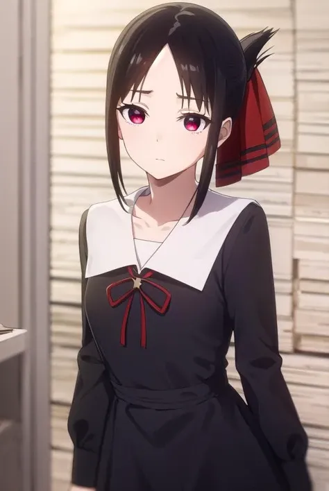 kaguyashinomiya, <lora:kaguya shinomiya s3-lora-nochekaiser:1>,
kaguya shinomiya, short hair, bangs, black hair, (red eyes:1.3), hair ribbon, sidelocks, folded ponytail, (parted bangs:1.5),
BREAK long sleeves, dress, ribbon, school uniform, collarbone, black dress, sailor collar, white sailor collar, red ribbon, neck ribbon, shuuchiin academy school uniform,
BREAK indoors, classroom,
BREAK looking at viewer, (cowboy shot:1.5),
BREAK <lyco:GoodHands-beta2:1>, (masterpiece:1.2), best quality, high resolution, unity 8k wallpaper, (illustration:0.8), (beautiful detailed eyes:1.6), extremely detailed face, perfect lighting, extremely detailed CG, (perfect hands, perfect anatomy),