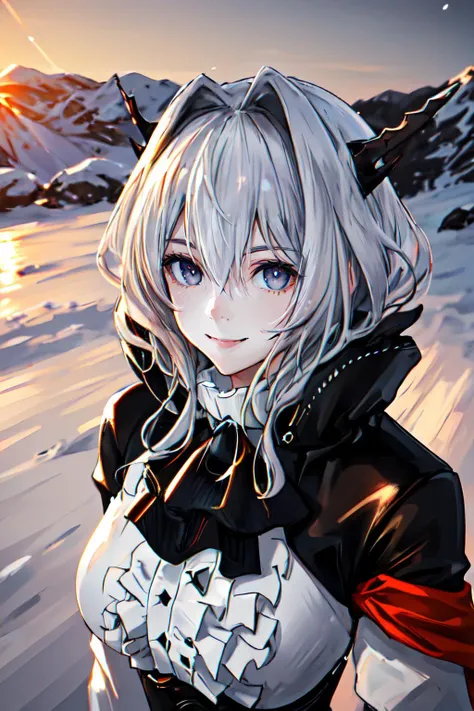 detailed face, detailed eyes, award winning, gray eyes, winter, snow, smile, looking at viewer, 1girl, best quality, reflective skin, reflective hair, masterpiece, highres, best quality, solo, cinematic lighting, <lora:TalulahVer1:1>