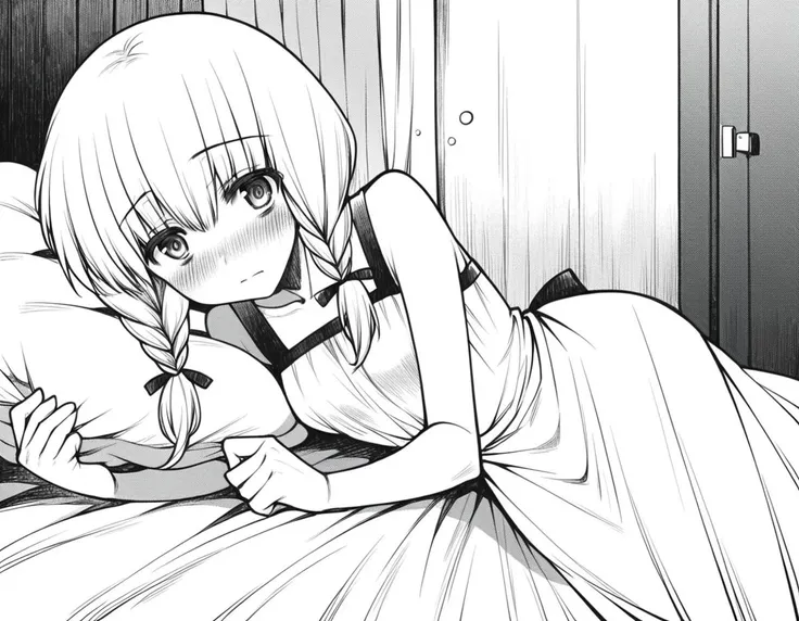 score_9, score_8_up, score_7_up, source_anime,
witchviola, <lora:witch-house-viola-manga-ponyxl-lora-nochekaiser:1>,
viola, braid, twin braids, monochrome, greyscale,
sleeveless, shirt, white shirt, skirt, long skirt, frills,
indoors, bed, bed room, on side, blush, drunk,
solo, looking at viewer, cowboy shot, straight-on,