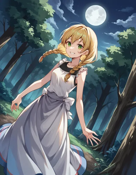 score_9, score_8_up, score_7_up, source_anime,
witchviola, <lora:witch-house-viola-ponyxl-lora-nochekaiser:1>,
viola, blonde hair, braid, green eyes, twin braids,
sleeveless, shirt, white shirt, skirt, long skirt, frills,
outdoors, forest, nature, trees, night, moon, smile,
solo, looking at viewer, cowboy shot, dutch angle,