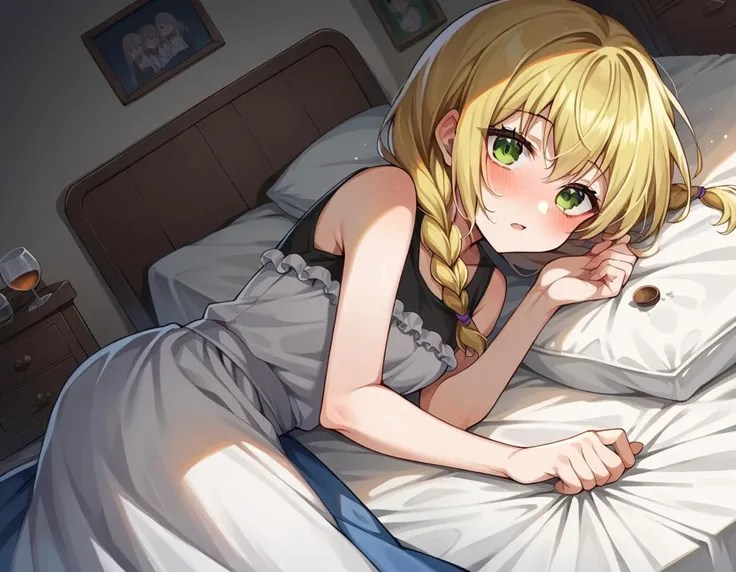 score_9, score_8_up, score_7_up, source_anime,
witchviola, <lora:witch-house-viola-ponyxl-lora-nochekaiser:1>,
viola, blonde hair, braid, green eyes, twin braids,
sleeveless, shirt, white shirt, skirt, long skirt, frills,
indoors, bed, bed room, on side, blush, drunk,
solo, looking at viewer, cowboy shot, dutch angle,