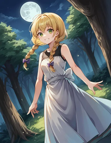 score_9, score_8_up, score_7_up, source_anime,
witchviola, <lora:witch-house-viola-ponyxl-lora-nochekaiser:1>,
viola, blonde hair, braid, green eyes, twin braids,
sleeveless, shirt, white shirt, skirt, long skirt, frills,
outdoors, forest, nature, trees, night, moon, smile,
solo, looking at viewer, cowboy shot, dutch angle,