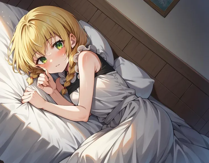 score_9, score_8_up, score_7_up, source_anime,
witchviola, <lora:witch-house-viola-ponyxl-lora-nochekaiser:1>,
viola, blonde hair, braid, green eyes, twin braids,
sleeveless, shirt, white shirt, skirt, long skirt, frills,
indoors, bed, bed room, on side, blush, drunk,
solo, looking at viewer, cowboy shot, dutch angle,