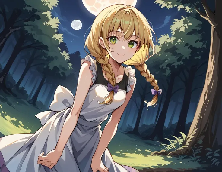 score_9, score_8_up, score_7_up, source_anime,
witchviola, <lora:witch-house-viola-ponyxl-lora-nochekaiser:1>,
viola, blonde hair, braid, green eyes, twin braids,
sleeveless, shirt, white shirt, skirt, long skirt, frills,
outdoors, forest, nature, trees, night, moon, smile, bent over,
solo, looking at viewer, cowboy shot, dutch angle,