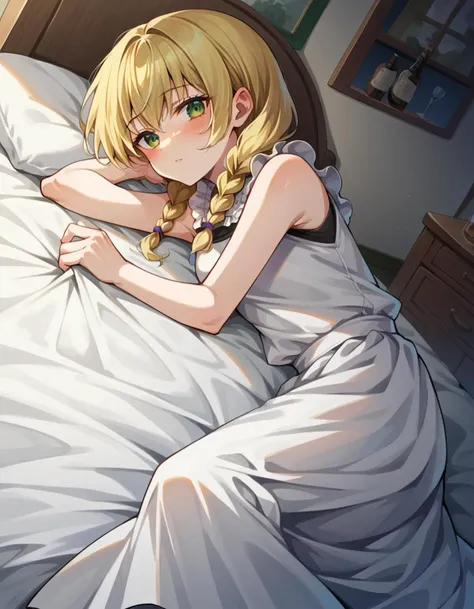 score_9, score_8_up, score_7_up, source_anime,
witchviola, <lora:witch-house-viola-ponyxl-lora-nochekaiser:1>,
viola, blonde hair, braid, green eyes, twin braids,
sleeveless, shirt, white shirt, skirt, long skirt, frills,
indoors, bed, bed room, on side, blush, drunk,
solo, looking at viewer, cowboy shot, dutch angle,