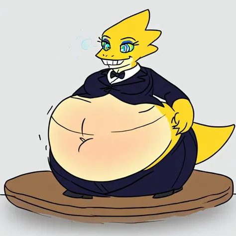 1gir, solo, Alphys, Reptile, Tuxedo, BuckTeeth, looking Dizzy, Messy Table, Giant Tummy, kaa eyes, eyeliner