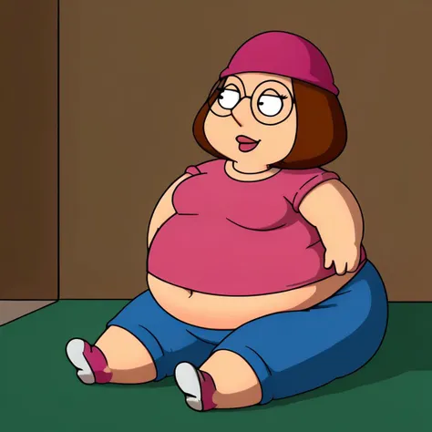 female, meg, brown hair, 1girl, glasses, solo, short hair, flat color, blue pants, beanie, pink shirt
tummy, sitting on floor,