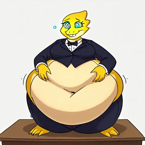 1girl, solo, Alphys, Reptile, Tuxedo, BuckTeeth, looking Dizzy, Messy Table, Giant Tummy, kaa eyes, eyeliner
