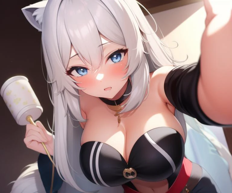 <lora:[Chara] BotanLORA-000006:1> absurdres, (masterpiece, Extremely detailed CG unity 8k wallpaper, best quality, highres:1.2), (ultra_detailed, UHD:1.2), (pixiv:1.3), distinct, (bishoujo:1.2), perfect face, detailed face, (bright skin:1.4), perfect hands, (looking down on viewer, solo, 1girl,) shishiro botan, <lora:rattle-10:1> rattle, holding, white hair, cat ears, large breasts, mature woman, blush,