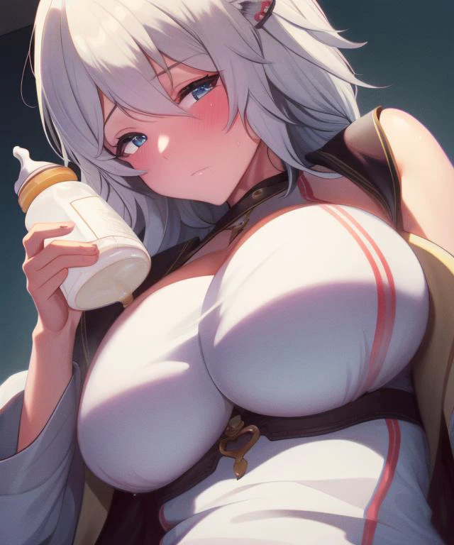 <lora:[Chara] BotanLORA-000006:1> absurdres, (masterpiece, Extremely detailed CG unity 8k wallpaper, best quality, highres:1.2), (ultra_detailed, UHD:1.2), (pixiv:1.3), distinct, (bishoujo:1.2), perfect face, detailed face, (bright skin:1.4), perfect hands, (looking down on viewer, solo, 1girl,) shishiro botan, <lora:bottle-10:0.8> bottle, holding, milk bottle, white hair, cat ears, large breasts, mature woman, blush, 