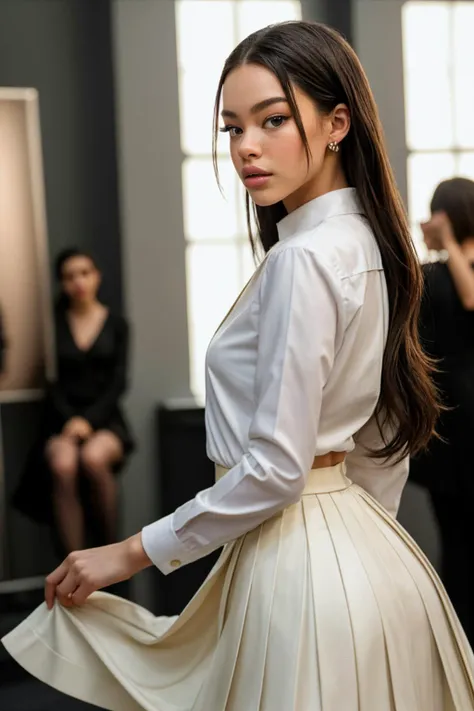 (Fashion Photography, Award Winning) E-Girls_Mansion_Yura is (skinny), (Elegant ballerina studio with mirrored walls and ballet barres) (wearing Pleated skirt and button-up shirt) (Effortless waves) by Steve McCurry, 35mm, F/2.8, ((Photo Focus, DOF, Aperture, insanely detailed and intricate, character, hypermaximalist, beautiful, revealing, appealing, attractive, amative, hyper realistic, super detailed))(DOF, blurry background), Startled facial expression