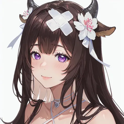 (masterpiece, best quality), <lora:kashino_yz_v1:1.0>, close-up, portrait, leaning forward, from above, looking at viewer, 1girl, kashino, cow horns, half-closed eyes, purple eyes, tears, tearing up, blush, closed mouth, white choker, white background