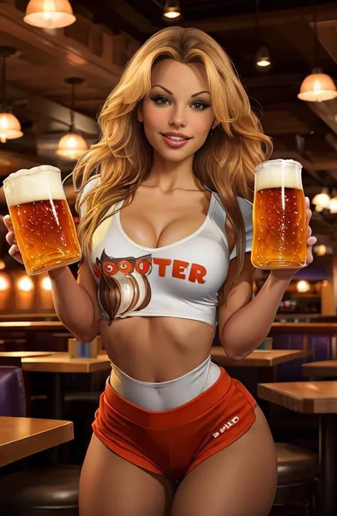 masterpiece, perfect eyes, beautiful faces, makeup, smile, professional photo, natural lighting, full body, perfect face, makeup, young woman, realistic photo, Hooters, beautiful face, perfect face, masterpiece, holding beer mug in bar, orange shorts, white shirt,