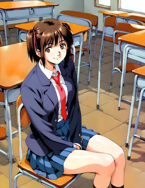 <lora:pony_xl_kayo>,kayo,score_9,score_8_up,score_7_up,source_anime,1girl,school uniform,blazer,long sleeves,collared_shirt,necktie,pleated skirt,socks,loafers,smile,cowboy_shot,looking_at_viewer,classroom,sitting_on_chair,