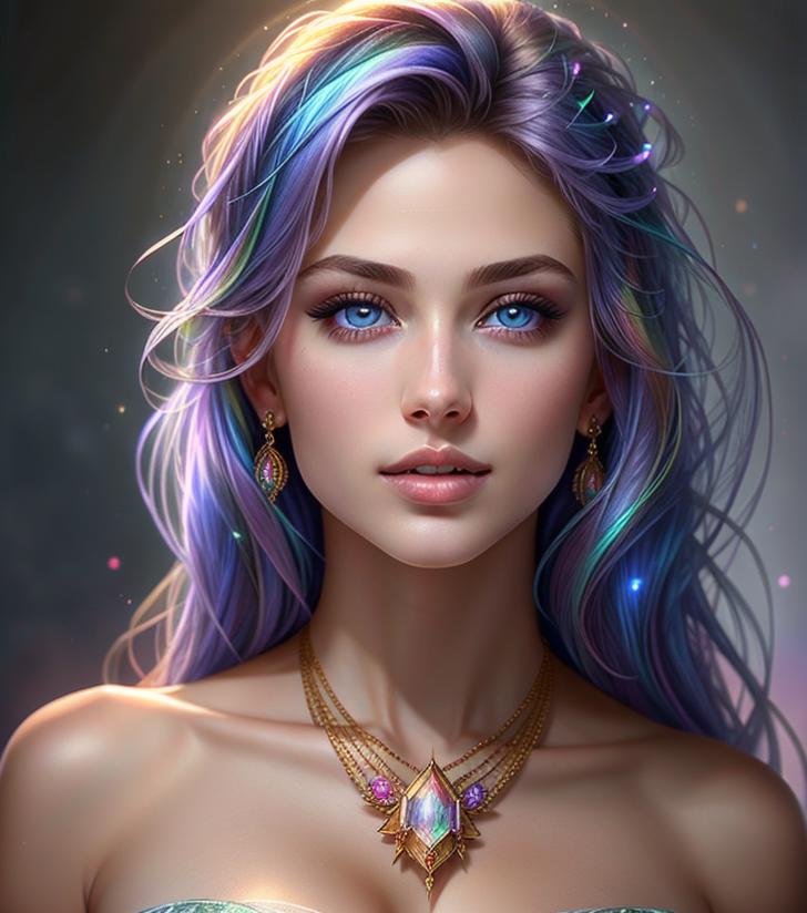 A woman with blue hair and purple hair wearing a necklace - SeaArt AI