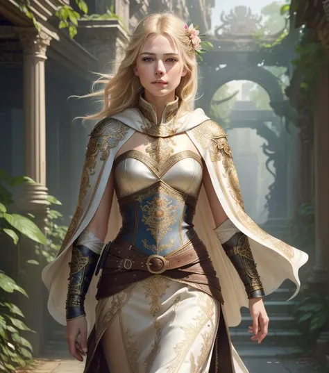 (Photo:1.3) of (Ultrarealistic:1.3),(Romantic:1.3) Extremely detailed RAW photo, full body, walking pose, slow motion, (rogue thief:1.1) european female wearing full body rich (leather armor:1.2), (white embroidered silk cloak), (fabrics with intricate pattern:1.2), (insanely detailed, bloom:1.2), (highest quality, Alessandro Casagrande, Greg Rutkowski, Sally Mann, 4k), (analog:1.3), (high sharpness), (detailed pupils:1.2), detailed face and eyes, Masterpiece, best quality, (highly detailed photo:1.2), 8k,hyperrealistic, (long blonde Hair, short stylish haircut, ecstatic:1.1), (young woman:1.2), By jeremy mann, by sandra chevrier, by maciej kuciara, sharp, (perfect body:1.1), real shadow, (temple ruins and vines background:1.1),Highly Detailed,(Baroque Art:1.3),(Agfacolor:1.3),(close portrait:1.3),thematic background