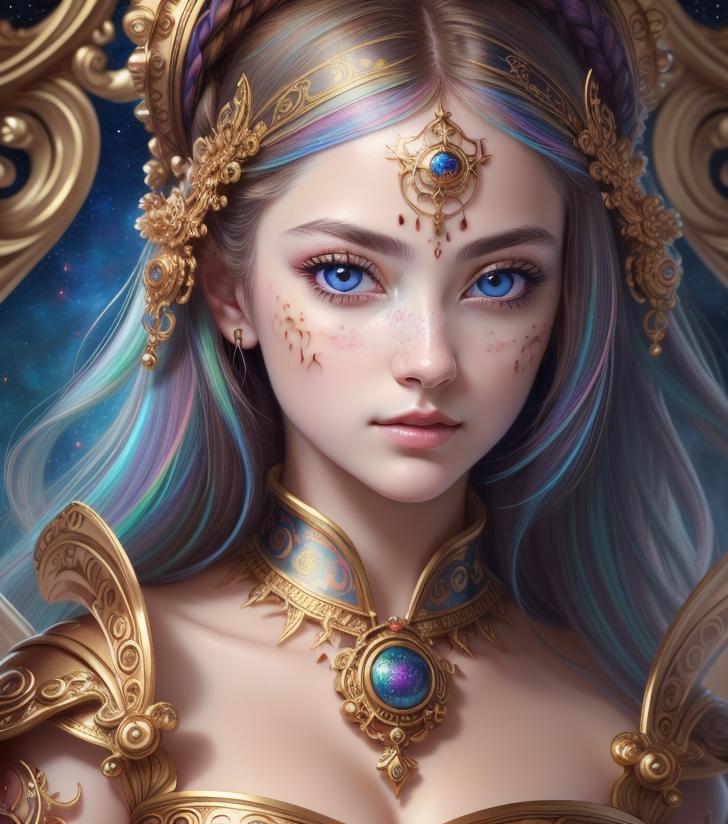 A woman with blue hair and a gold headpiece - SeaArt AI