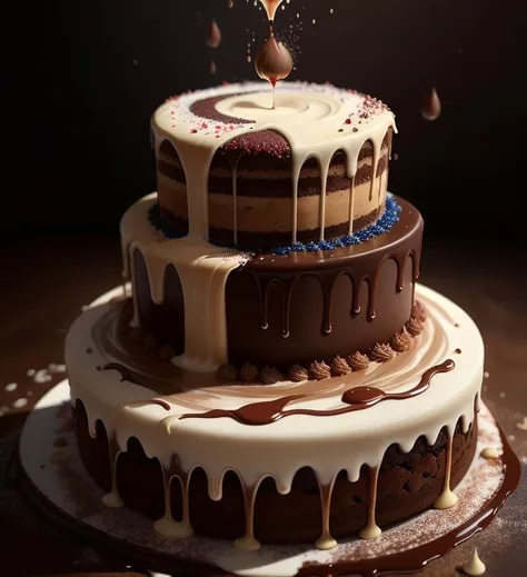 cake, chocolate, liquid splashes, merging, melting, splashing, droplets, mixing, fading away, exploding, swirling, intricate detail, modelshoot style, dreamlikeart, dramatic lighting. 8k, highly detailed, trending artstation