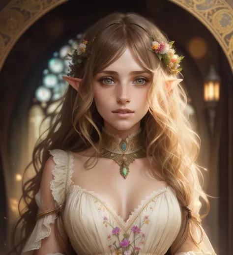 detailed and realistic portrait of a gorgeous beautiful elf bjddoll (woman) maid with a few freckles, long wavy blond disheveled hairs, multicolor mesmerizing eyes, dark fluffy dress, soft natural lighting, portrait photography, magical photography, dramatic lighting, photo realism, ultra-detailed, intimate portrait composition, flowers in background, Leica 50mm, f1. 4, by greg rutkowski alphonse mucha wlop, dress