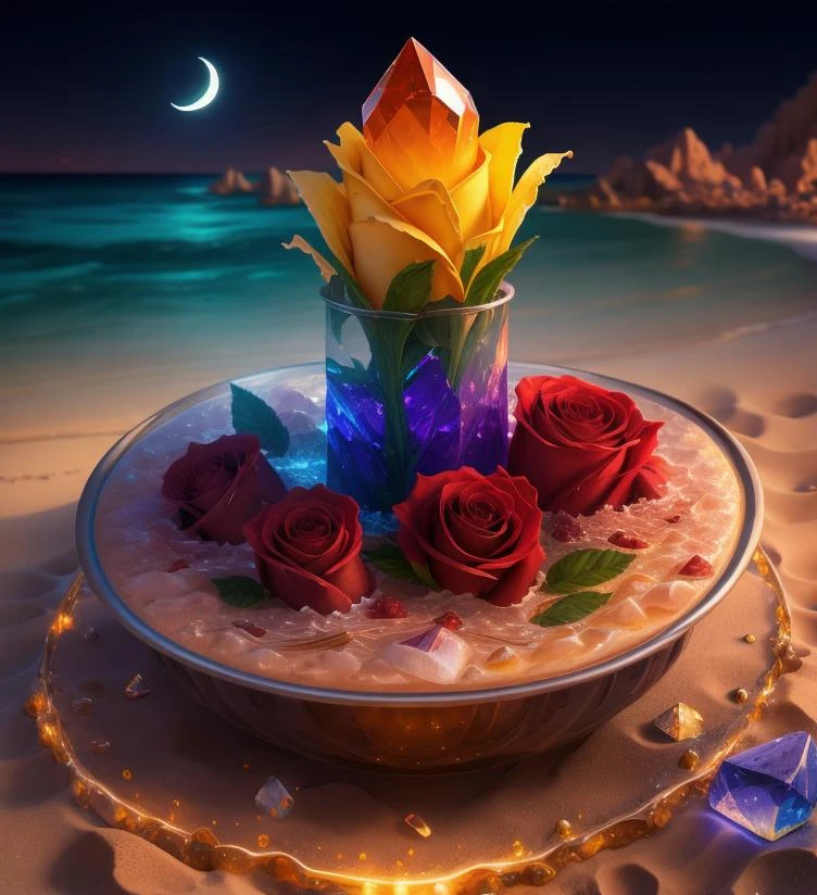 Splash water, long roses, crystal, on the beach, fantasy, sky night , moon, smoke , photo, HD, 8K , realistic, HD, intricate, 8k, highly detailed,fun, sharp focus,