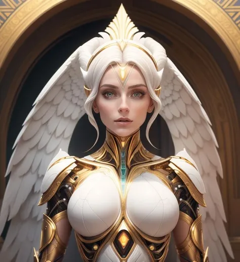 A statue made of white marble with gold veins, of an beautiful gorgeous futuristic cybernetic angel girl, prostheses, transhumanism, full body shot, perfect symmetrical body, perfect symmetrical face, hyper realistic, hyper detailed, by johannen voss, by peter kemp, by monia merlo, by michelangelo, octane render, blender, 8 k