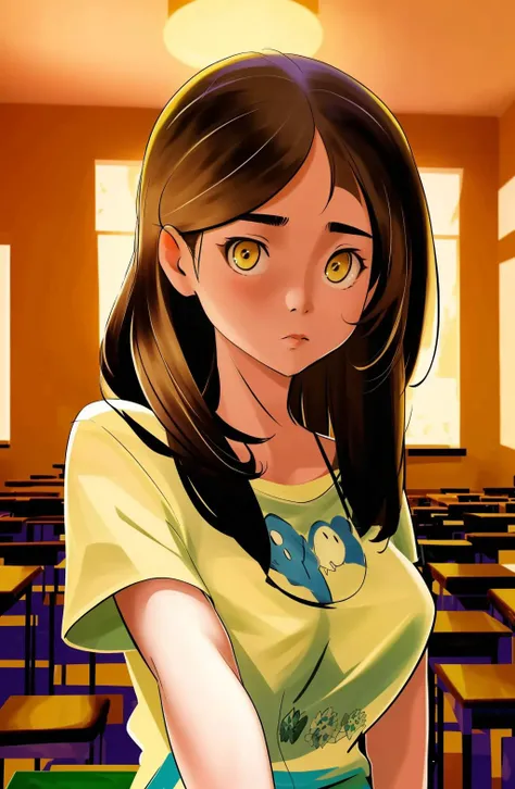 philtomato Style,philtomato \(Artist\),@philtomato, masterpiece, best quality, highres, solo, 1girl, looking at viewer, shaking, (((portrait shot))), brown hair, yellow eyes, huge sagging breats, tshirt, indoors, classroom, <lora:philtomato-Style:1>