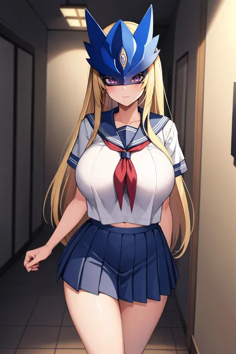 masterpiece, best quality, 1girl, <lora:beelstarmon-nvwls-v1-000009:0.9> beelstarmon, mask, covered eyes, purple eyes, white shirt, serafuku, pleated skirt, short sleeves, huge breasts, hallway, looking at viewer