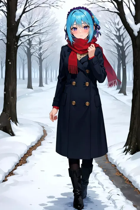 masterpiece, best quality, <lora:kuronokurumu-nvwls-v1-000009:0.8> kurono kurumu, hairband, hair ornament, black peacoat, long coat, boots, looking at viewer, snow, red scarf, blush