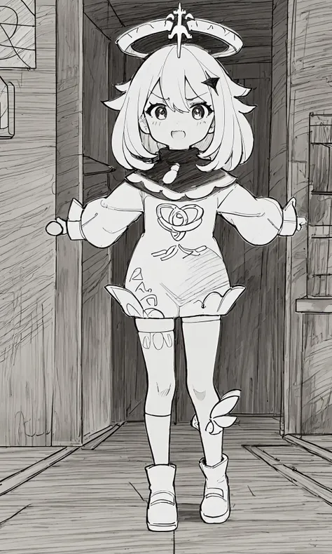 (children's_drawing, crayon_sketch, amateur_drawing, lineart:2.0), 1girl, surprised, happy, 1girl, solo, thighhighs, paimon (genshin impact), long sleeves, white dress, dress, halo, thighhighs under boots, single thighhigh, bangs, boots, hair between eyes, white footwear, white thighhighs, white hair, (ravine, clear_sky:1.1), <lora:paimon:1>, <lora:add_detail:-0.5>, intricate, absurdres, insane details, 8k uhd, professional color correction, post-processing, full body,