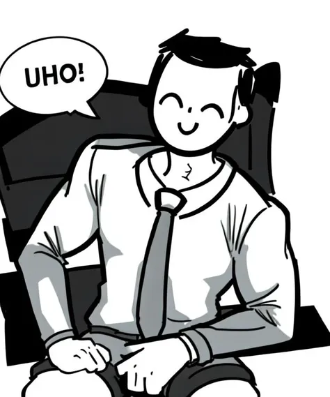 sketch, 1boy, sensei doodle, IncursioGigaSitting, monochrome, greyscale, trunks, sitting, chair, muscular male, closed eyes, smile,   ^_^,  black  hair, dress shirt, long sleeves, necktie, wide shoulders, solo, shorts
BREAK (speech bubble with the word UOOH, english text:1.2)
<lora:GigaIncursioSitting:0.9>
<lora:sensei:1>