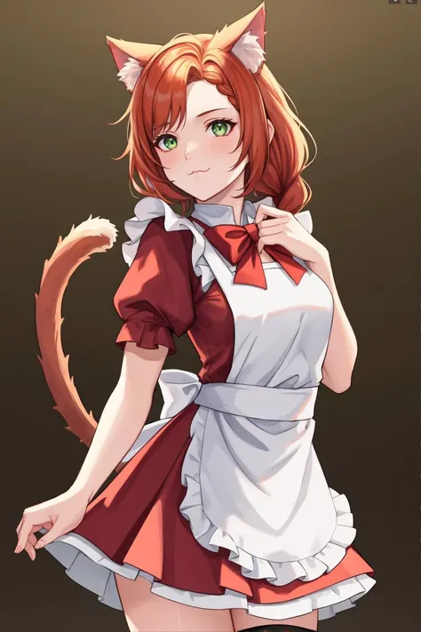 <lora:titania-nvwls-v1:0.6>, titania, braided ponytail, cat ears, cat tail, catgirl, green eyes, small breasts, red sleeves, short sleeves, red dress, pinafore dress, red bow, pettycoat, frilly apron, black thighhighs, lacy stockings, 1girl, :3, playful, cowboy shot, (Extremely Detailed Oil Painting:1.2), glow effects, godrays, Hand drawn, render, 8k, octane render, cinema 4d, blender, dark, atmospheric 4k ultra detailed, cinematic sensual, Sharp focus, humorous illustration, big depth of field, colors, 3d octane render, 4k, concept art, trending on artstation, hyperrealistic, Vivid colors, extremely detailed CG unity 8k wallpaper, trending on ArtStation, trending on CGSociety, Intricate, High Detail, dramatic, absurdes