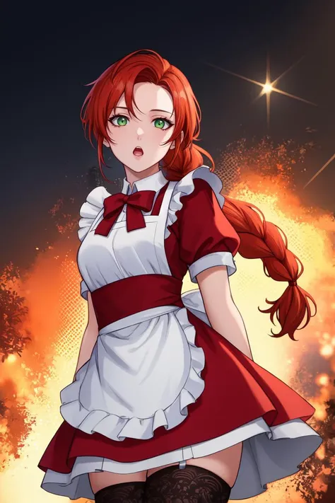 <lora:titania-nvwls-v1:0.6>, titania, braided ponytail, green eyes, small breasts, red sleeves, short sleeves, red dress, pinafore dress, red bow, pettycoat, frilly apron, black thighhighs, lacy stockings, 1girl, :o, cowboy shot, (Extremely Detailed Oil Painting:1.2), glow effects, godrays, Hand drawn, render, 8k, octane render, cinema 4d, blender, dark, atmospheric 4k ultra detailed, cinematic sensual, Sharp focus, humorous illustration, big depth of field, colors, 3d octane render, 4k, concept art, trending on artstation, hyperrealistic, Vivid colors, extremely detailed CG unity 8k wallpaper, trending on ArtStation, trending on CGSociety, Intricate, High Detail, dramatic, absurdes