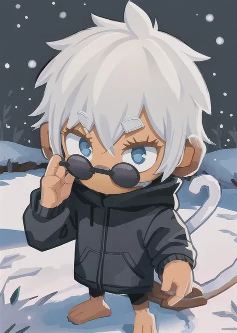 1monkey, alone, (monkey tail), bloons td6 style, satoru gojo monkey, white hair, short hair, hair between eyes, blue eyes, colored eyelashes, black round sunglasses, black hoodie, black outfit, [[chibi]], standing, [[simple background]], ;), wink, (winter snow:1.4), (winter),
<lora:BTD6STYLELORA:0.75> <lora:satorugojo:1>