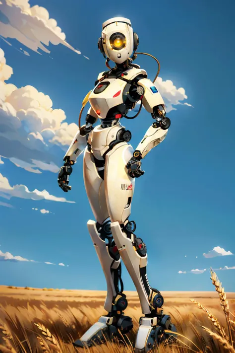 GLaDOS, robot,android,cyclops,yellow eye,no mouth, science fiction,cables, looking at viewer, full body shot, outside, field, wheat, blue sky, high quality, masterpiece, <lora:GLaDOS:.8>