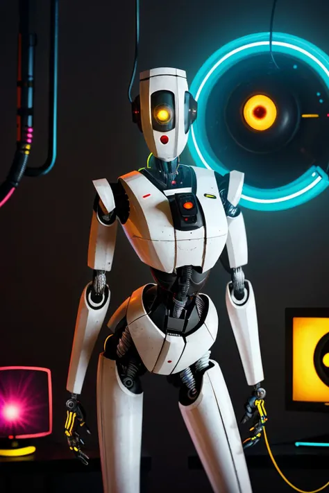 GLaDOS, robot,android,cyclops,yellow eye,no mouth, humanoid, looking back at viewer, from_behind, inside office, computer monitor, bright lighting, high quality, masterpiece, <lora:GLaDOS:.8>