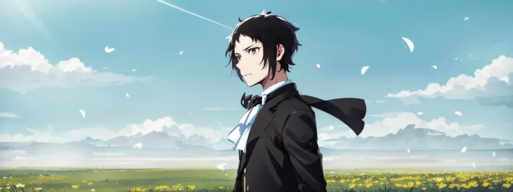 <lora:Ryunosuke_Akutagawa:0.8>, 1boy, solo, male focus, black hair, two-tone hair, ascot, (black jacket:1.3), upper body, grey eyes, frilled sleeves,  
<lora:huafeng:0.3>,  outdoors, field, sky, day, leaf, cloud,  blue sky, flower field,