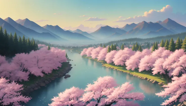 photorealistic, (4k), depth of field, (Masterpiece), extremely detailed, intricate, hyper detailed, professional photography, bokeh, high resolution, sharp detail, best quality, <lora:detail_slider_v4:0.8> , <lora:huafeng:1>, anime style, landscape, mountainous horizon, open valley, wind, cherry blossoms, pedals, river,