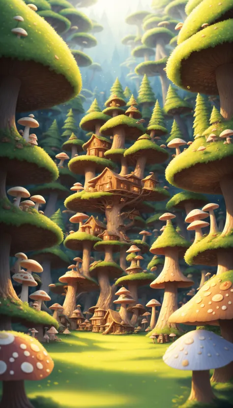 photorealistic, (4k), depth of field, (Masterpiece), extremely detailed, intricate, hyper detailed, professional photography, bokeh, high resolution, sharp detail, best quality, <lora:detail_slider_v4:0.8> , <lora:huafeng:1>, fantasy forest, mushroom forest, giant mushrooms, (village), small village, treehouse, house surrounded by mushroom,