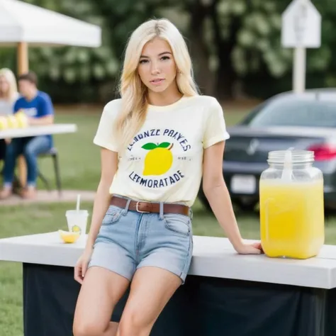 a photo of kenzie reeves, ohwx woman, at a lemonade stand, wearing a t-shirt and jeans, best quality <lora:kenziereeves_SDXL:1>